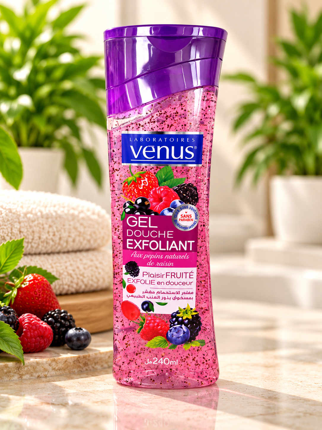Vénus – Gel douche exfoliant Plaisir Fruité aux pépins de raisin – 240 ml