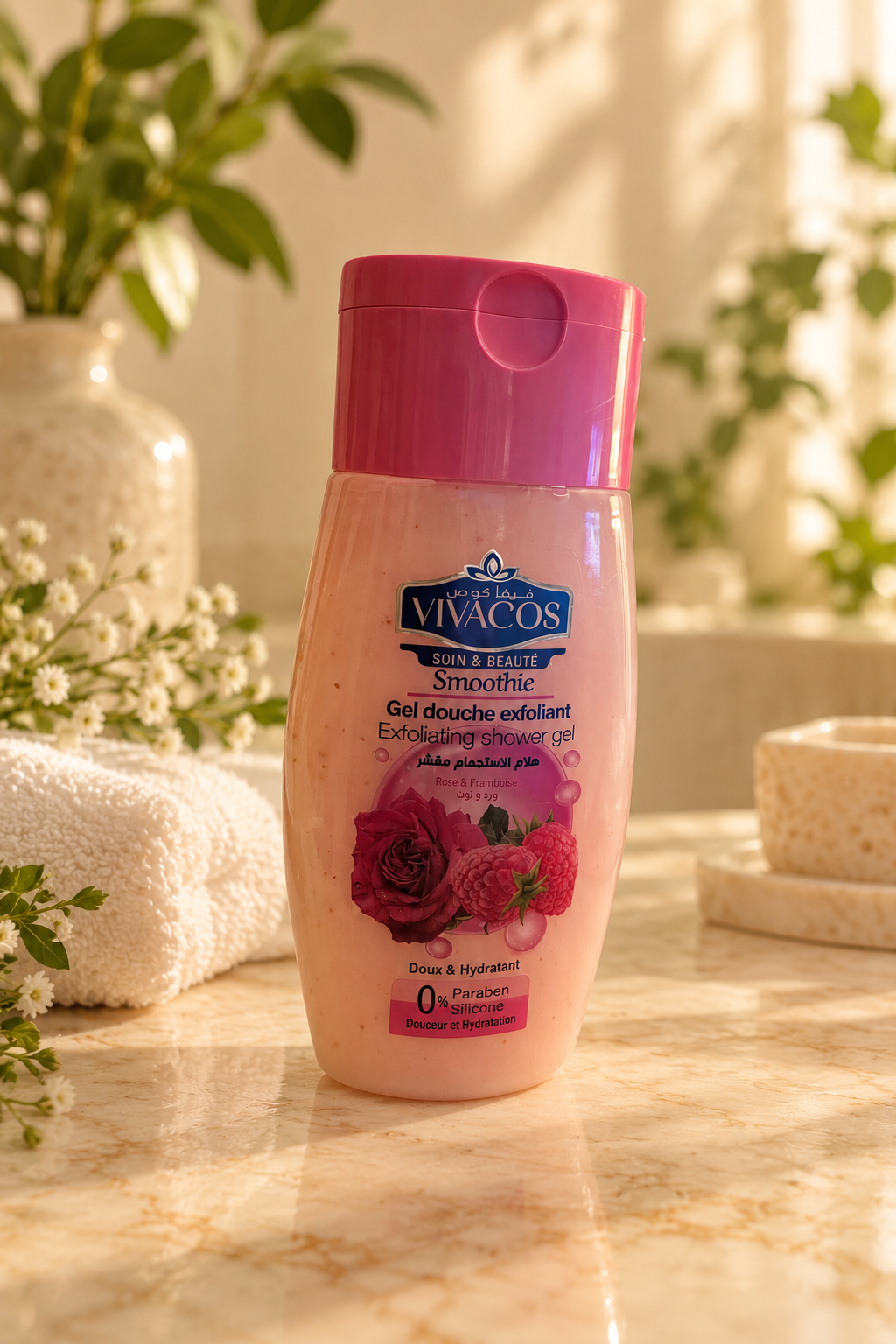 Vivacos Smoothie – Gel douche exfoliant Rose & Framboise – 250 ml